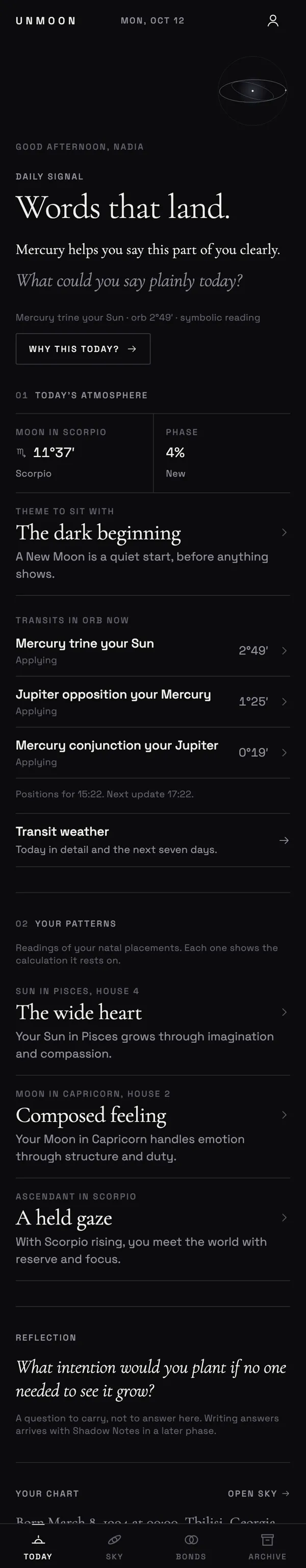 UNMOON Today screen with the Daily Signal